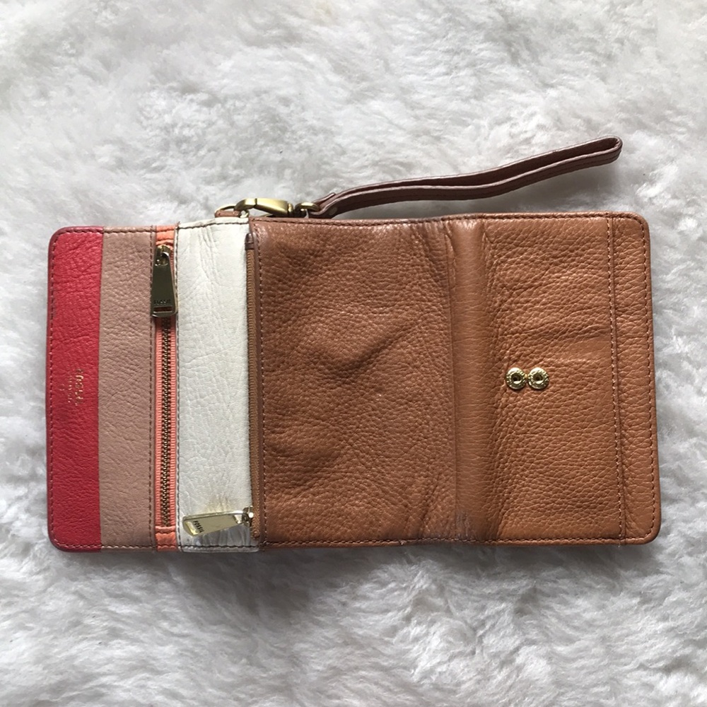Fossil Color Block Tan Red Trifold Wallet Clutch - image 4